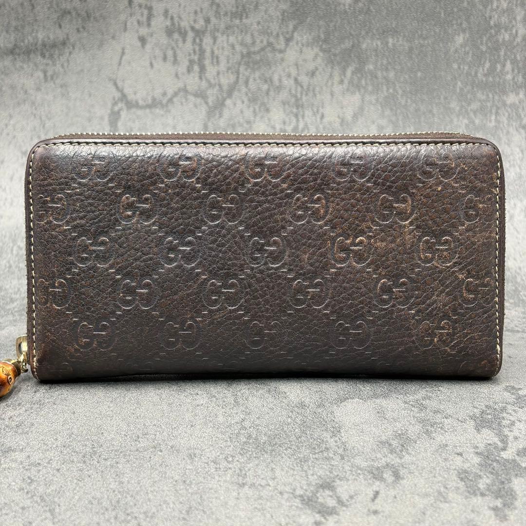 美品 グッチ レオパード シマ ラウンドジップ 長財布 茶 バンブー