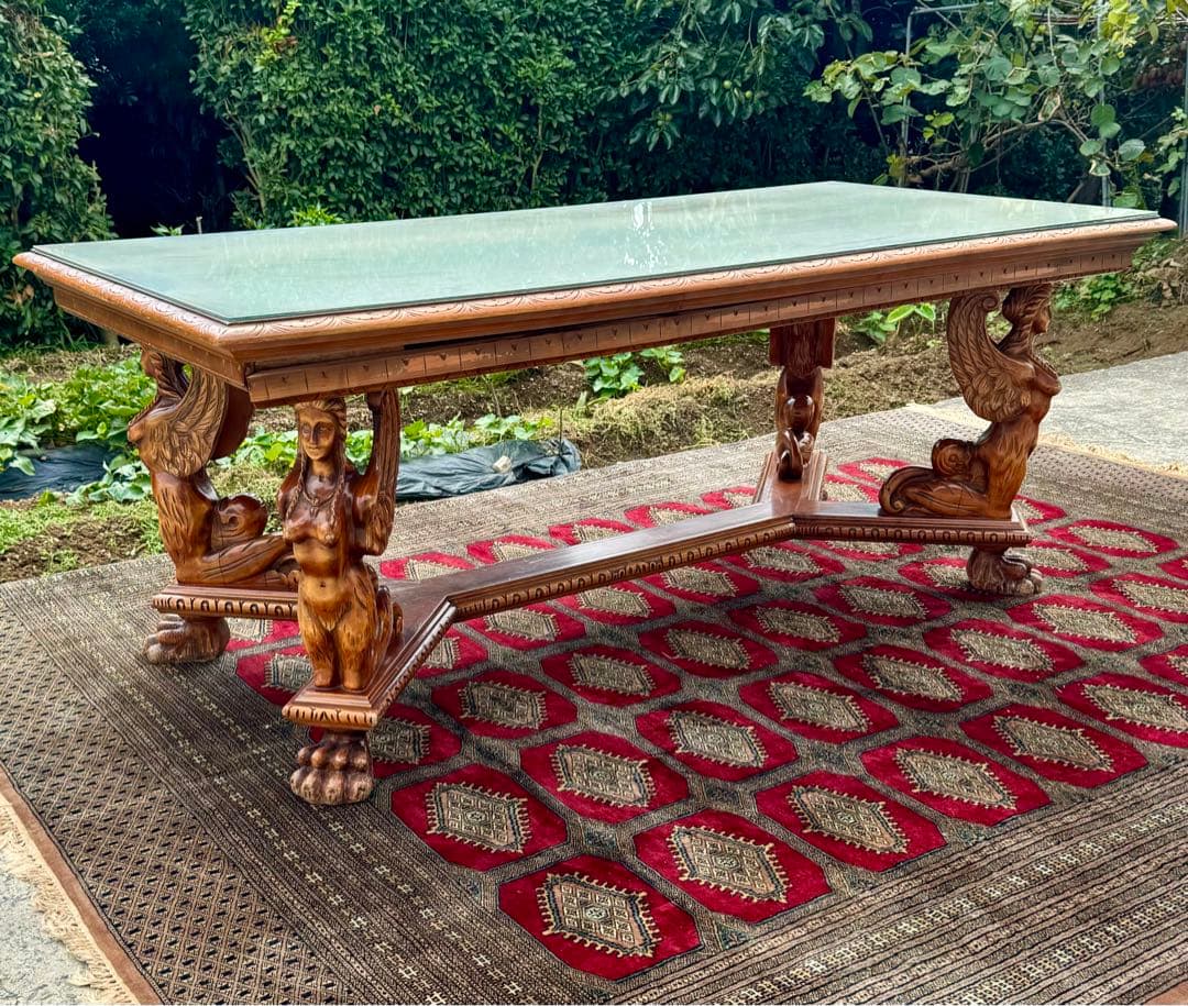 女神彫刻×ライオン脚 高級ダイニングテーブル 幅192cm アンティーク調 ヨーロピアンクラシック ダイニングテーブル 幅135cm(ブラウン)｜Y