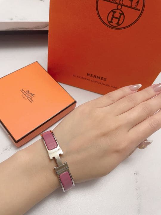 HERMES エナメルブレスレット 《クリックH》　ローズナカラット　シルバー