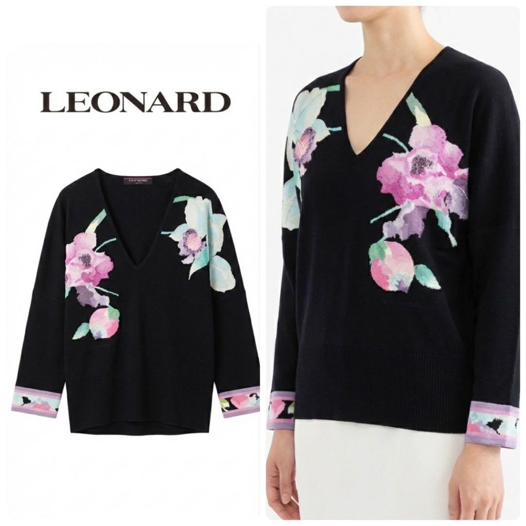 P246 M レオナール ロゴ刺繍 Vネック 花柄 ニット ネイビー レディース