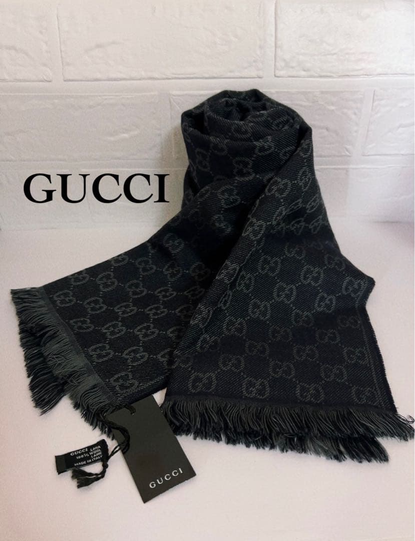 グッチ　GUCCI マフラー　GGマーク　ブラック×グレー GUCCI（グッチ） マフラー メンズ レディース GGロゴ ブラック グレー