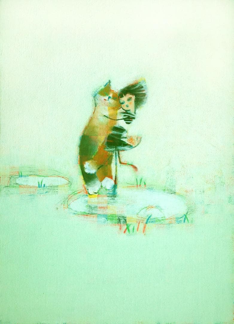 油絵 菅家令子絵 絵画インテリア額付(青緑＋金色の枠)F4-072719