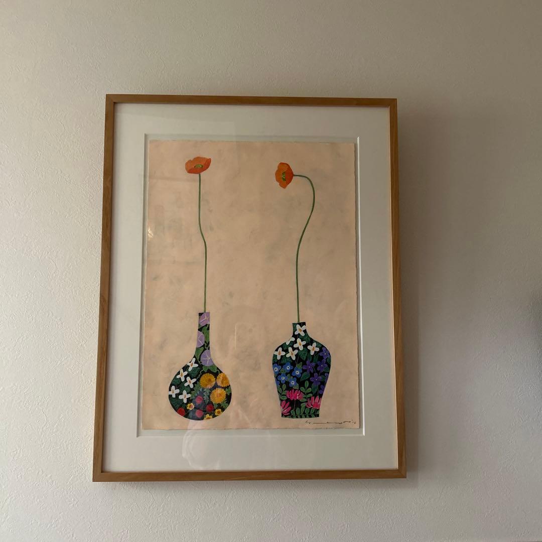 マツモトヨーコ ドローイング 絵画 「微妙な関係」 ポピーと季節の花ば