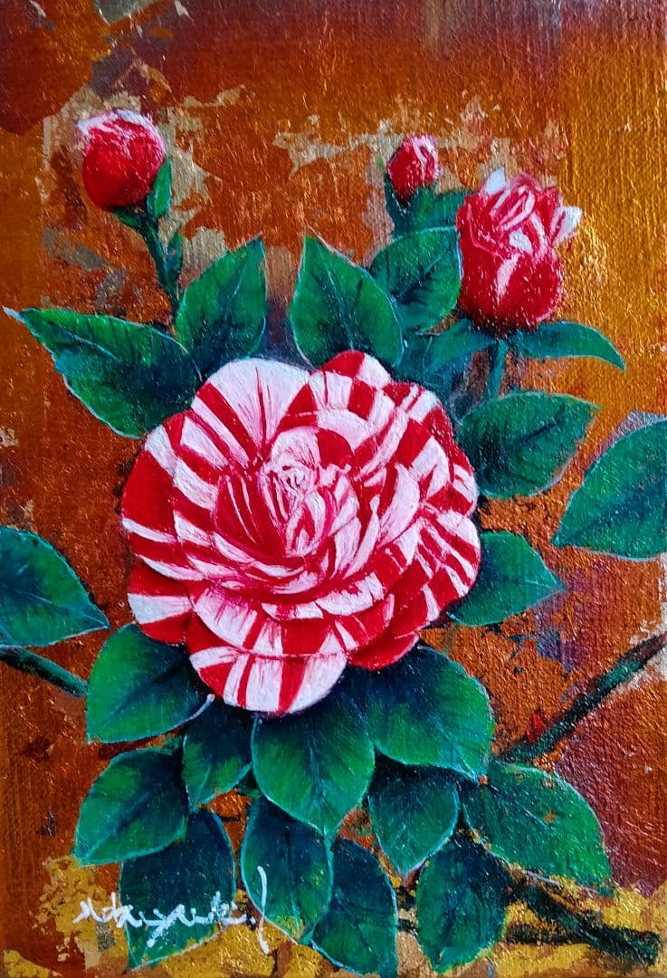 油絵 絵日傘（椿）SM 洋画家 池畠史幸 新作肉筆画