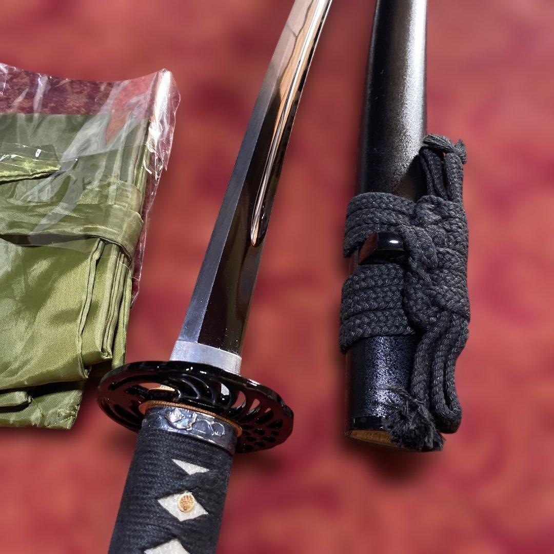 女性•少年向き高級居合刀(刀袋付) 黒柄 鶴羽透し丸鍔