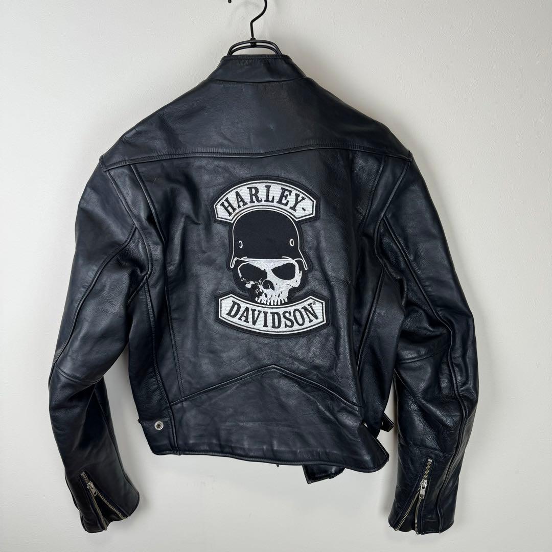 ハーレーダビッドソン　レザー　シングルライダース　スカル刺繍ワッペン　L　黒 USA製 ハーレーダビッドソン シングル ライダース 肉厚 レザー