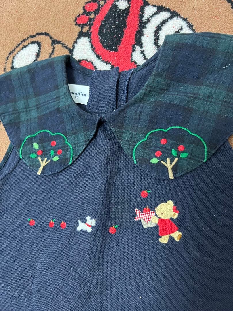 702. ファミリア ネイビー チェック襟 ワンピース 90cm