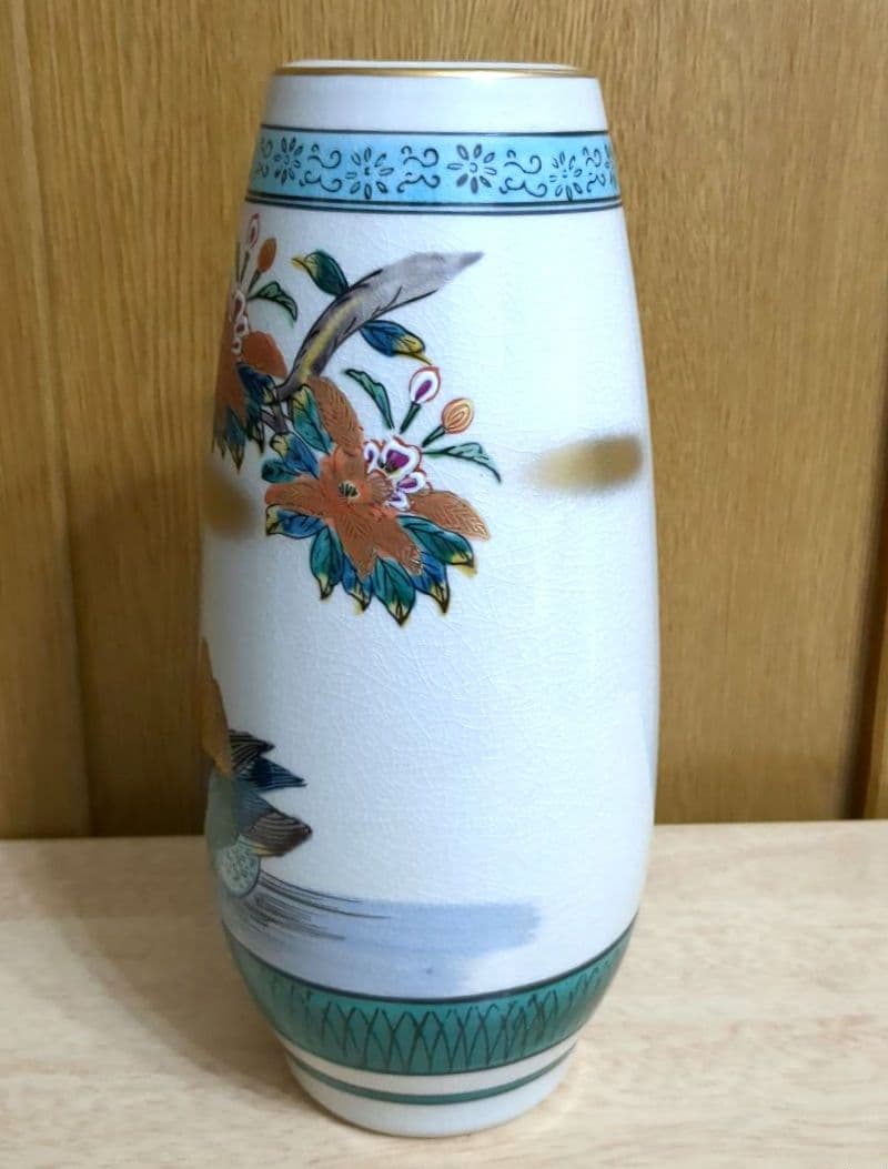 最安 九谷焼 花瓶 花器 九谷巨峰造 金彩 花と鳥 大型 置き物 裏印有 共