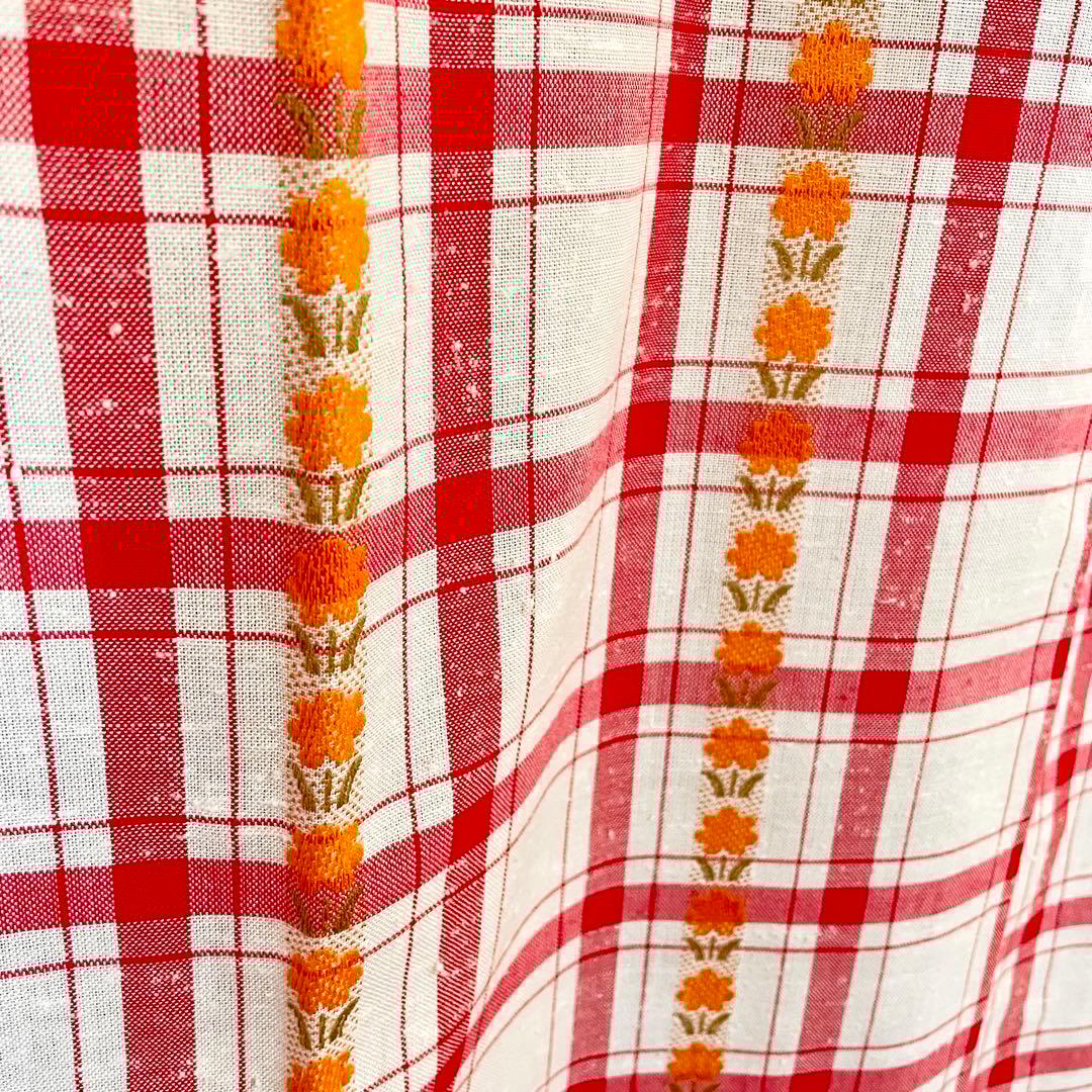 当時物 昭和レトロポップ カーテン 1枚 チェック柄 花柄 赤 白