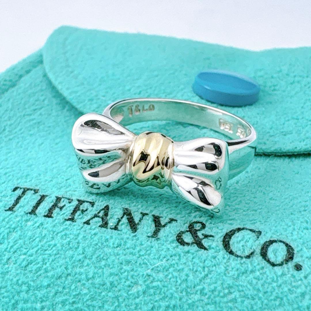極美品 オールドティファニー リボン コンビ リング 8号 シルバー k18