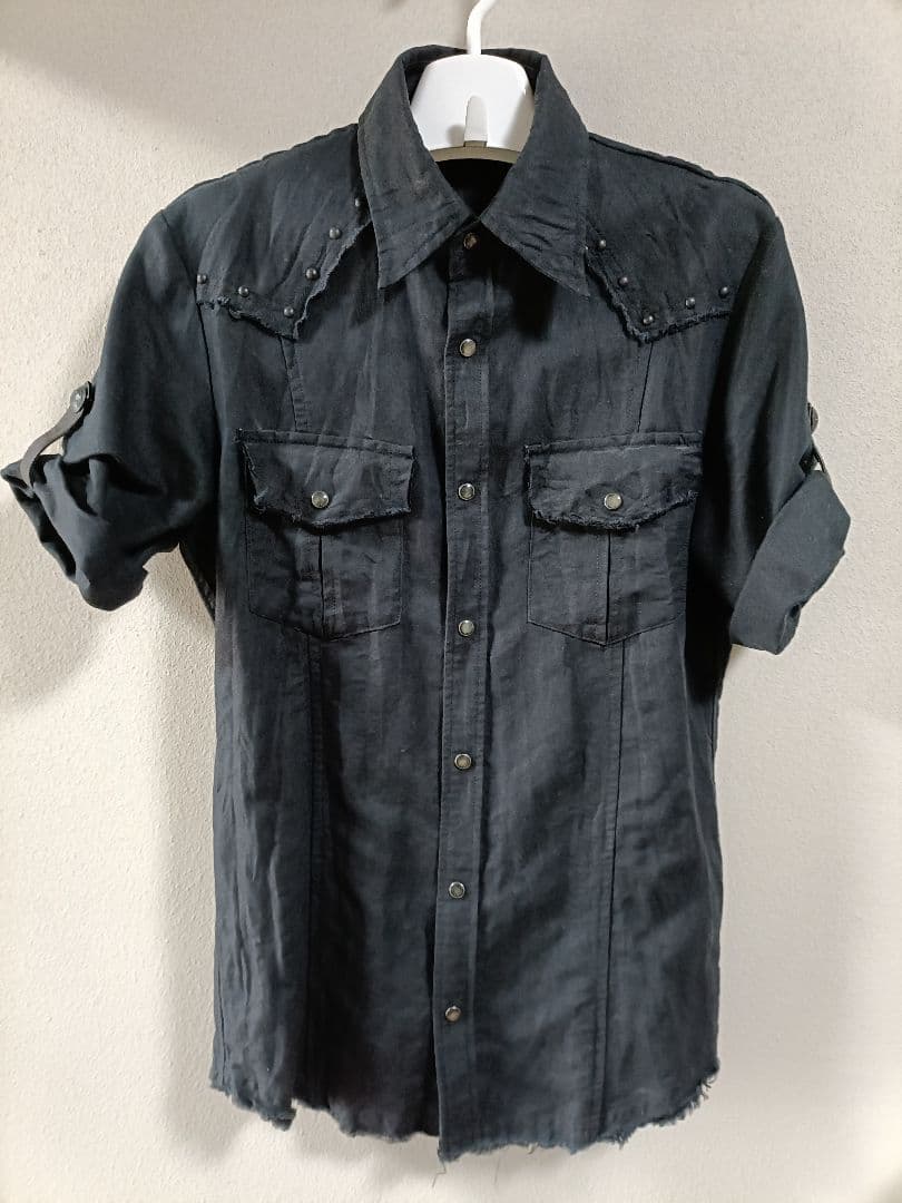 5351プール・オム ポンチョ付き半袖ワークシャツ 両腕と背中にレザー部分有り セットアップ対応】レザー ジップ 半袖Tシャツ｜5351POUR LES HOMMES