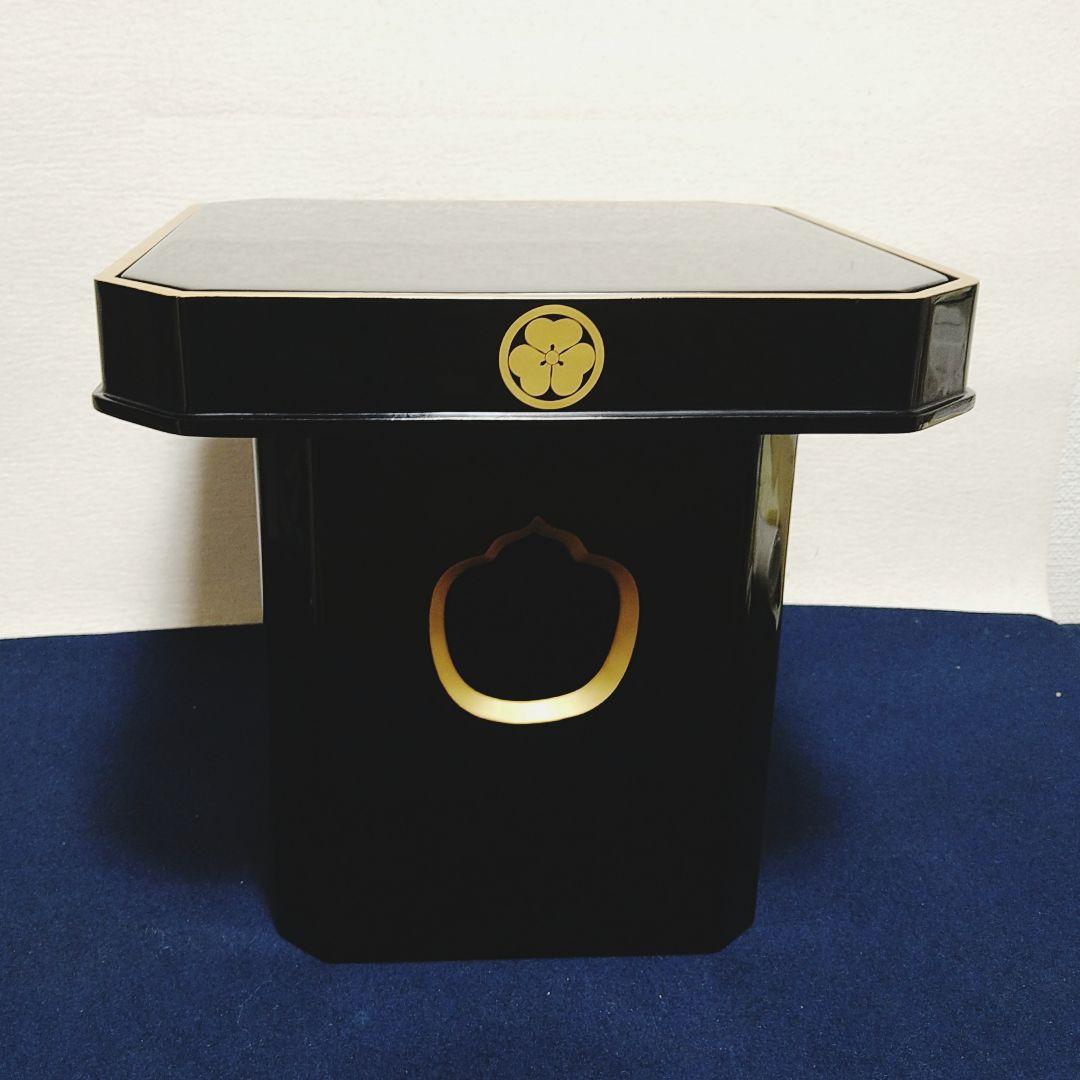 AG8 輪島塗 三宝 黒漆塗り家紋 ○に喰 片喰 かたばみ 縁金 木製神具美