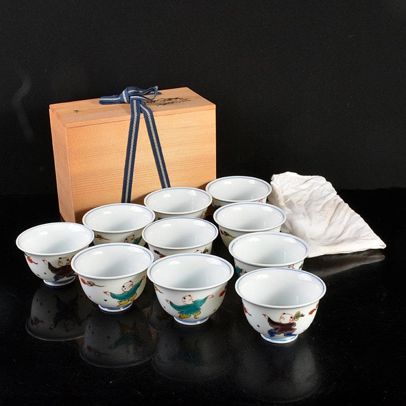 九谷焼　堀江青光造　色絵唐子文　波出茶碗　数茶碗　10客　共箱　V　6207C 九谷焼 青郊窯 色絵千段飯碗 11.5cm ギフト プレゼント 化粧箱付き お