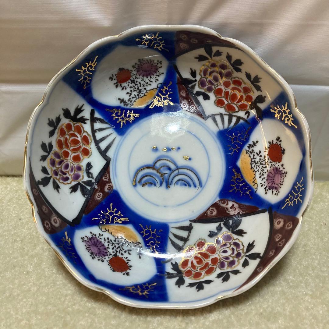 骨董 明治期 古伊万里 色絵金彩 花文様 青海波 なます皿 和食器 中鉢