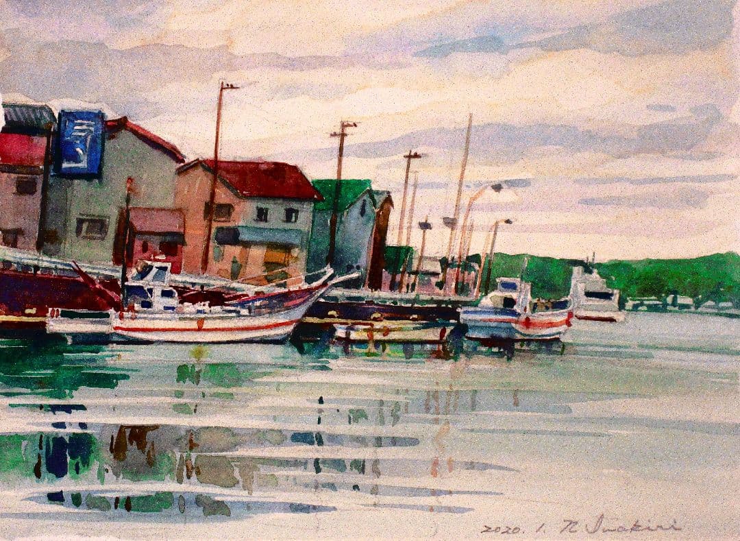 水彩画 港の風景 原画 F6サイズ額装済み