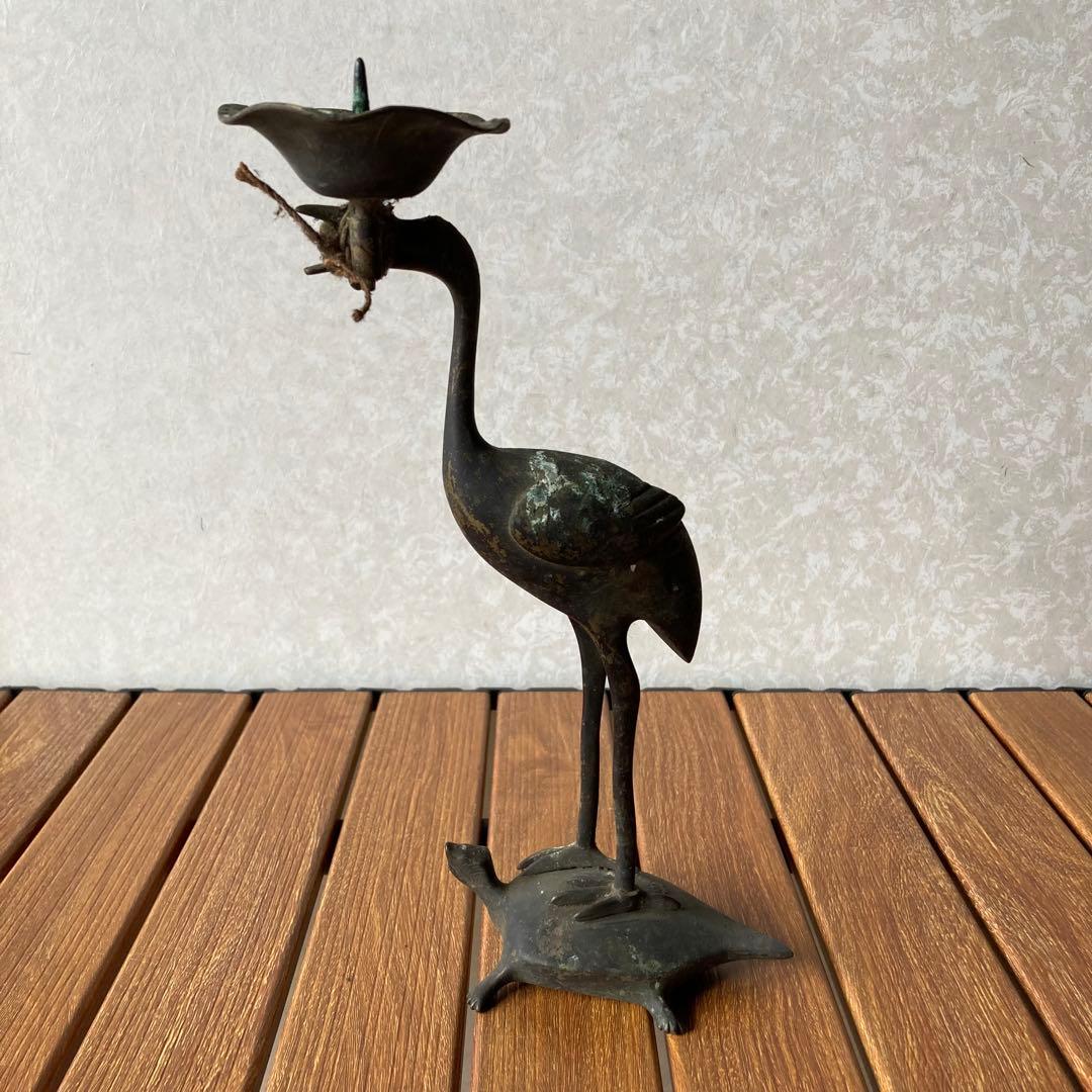 TS67 骨董 鶴亀 燭台 銅製 縁起物 時代物 蝋燭立て キャンドルスタンド