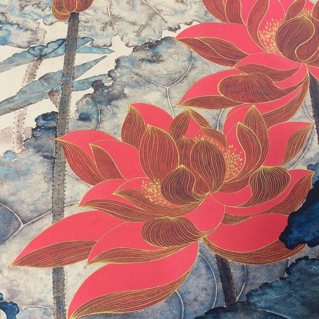 張大千 花卉画 掛け軸 中堂 金銭蓮 中国画 表装済 サイズ：70×173cm