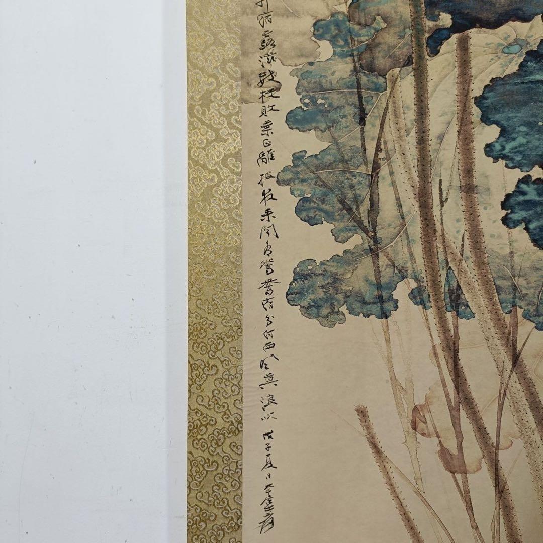 張大千 花卉画 掛け軸 中堂 金銭蓮 中国画 表装済 サイズ：70×173cm