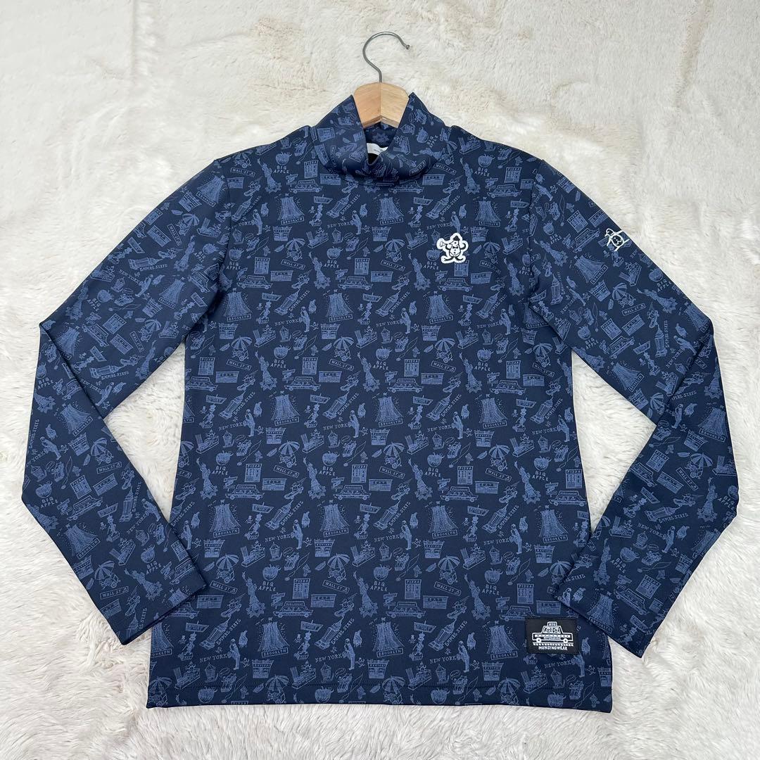 ✨美品✨マンシングウェア 西脇光重コラボ 防風 NY総柄 ハイネックシャツ 紺