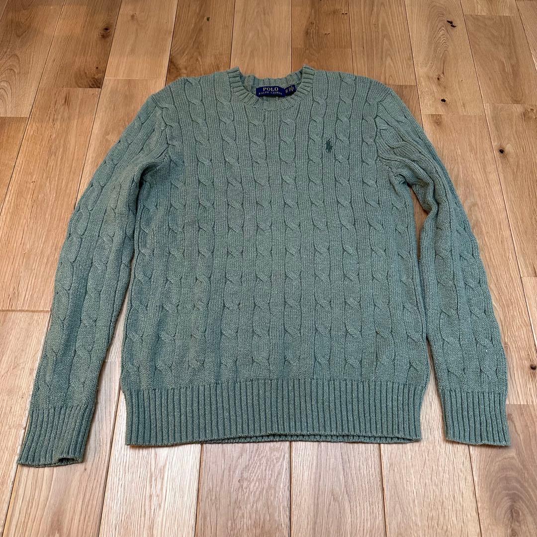 ラルフローレン　コットンケーブルセーター　レディースM相当　セージグリーン RALPH LAUREN SPORTラルフローレン ケーブル編み Vネック コットン