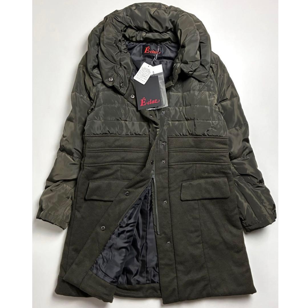 【美品】E-clat/異素材切り替えダウンコート/ウール/エイココンドウ/カーキ etoll.（エトル） ダウンコート ダウンジャケット キルティング切替
