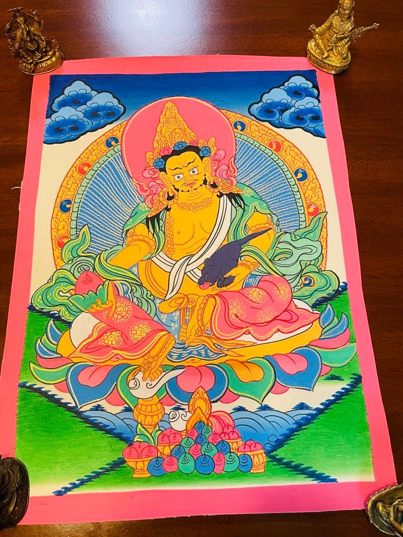 《手描き 肉筆画》宝蔵神 財宝神／ジャンバラ クベラ チベット密教 仏画　a2
