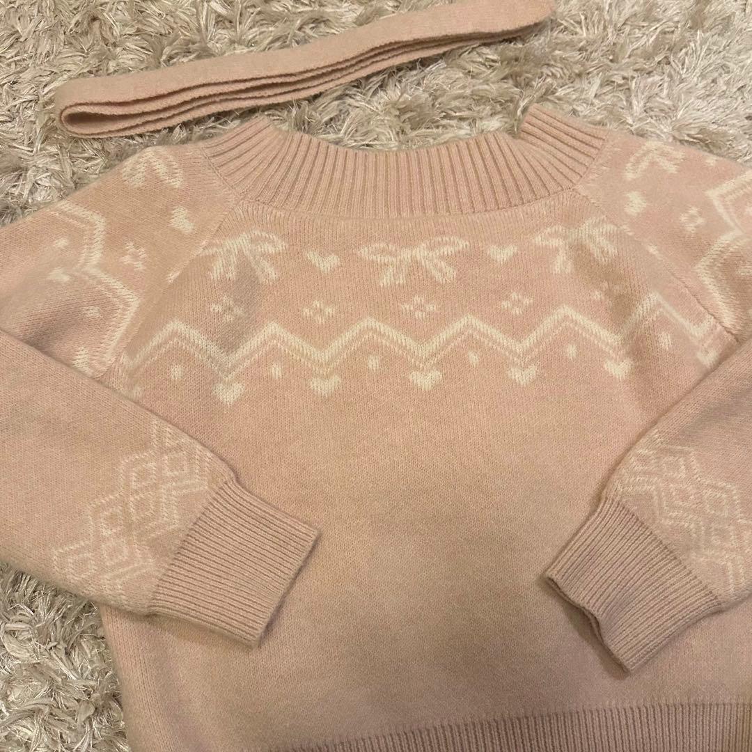 TITTY&CO. ノルディック柄リボン付きオフショルダーニット ピンク