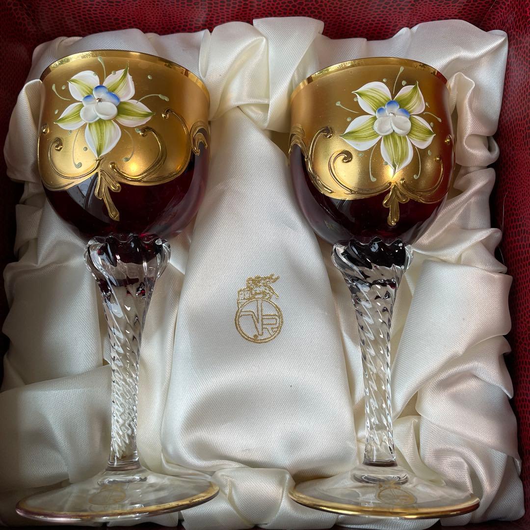 み*ん様 ラグーナ・ムラノ・グラス ベネチアングラス 赤 金装飾 ワイン