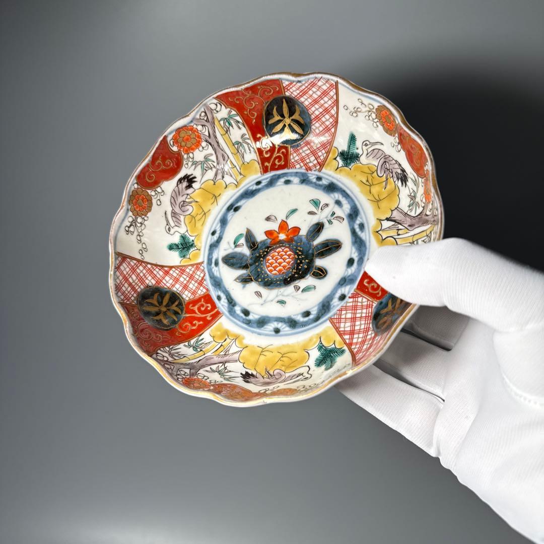 江戸中期〜後期 古伊万里 色絵柘榴文菊花形 なます皿 5枚 裏七宝結文