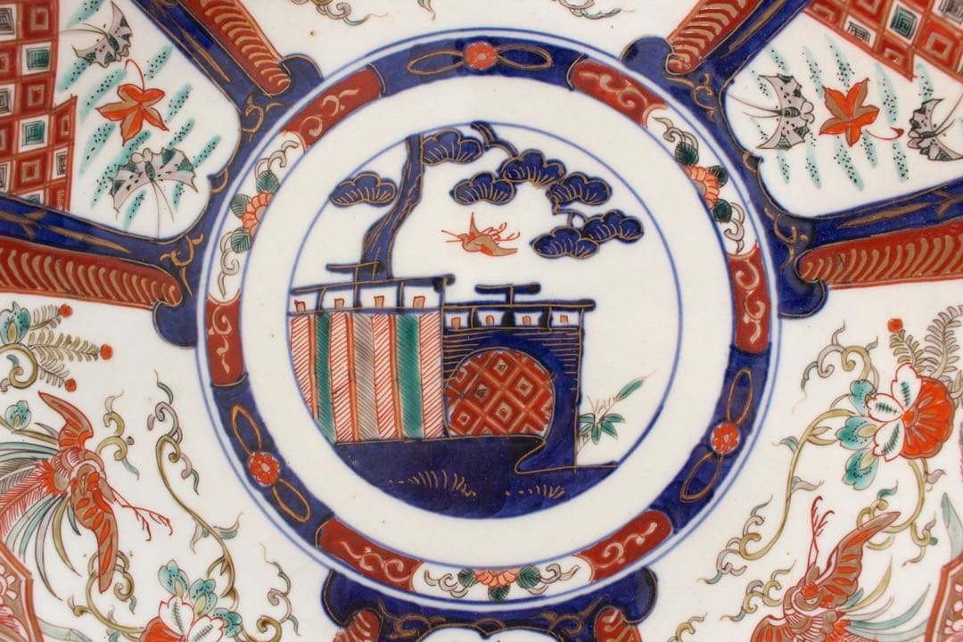 No4436 古伊万里 染錦大皿2点 赤絵 金襴手 鳳凰 花鳥 古美術 送料無料