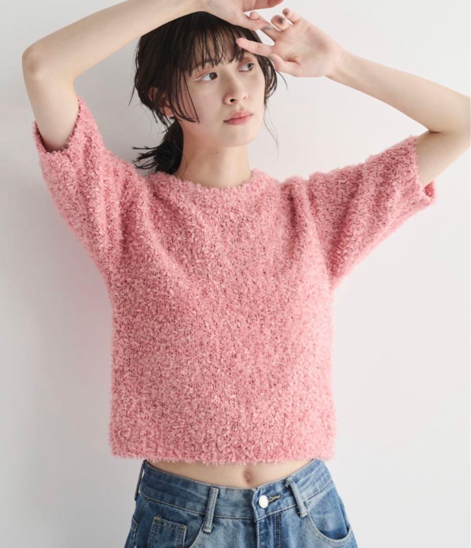 リボンヤーンカラープルオーバー ピンク 半袖ニットトップス - メルカリ