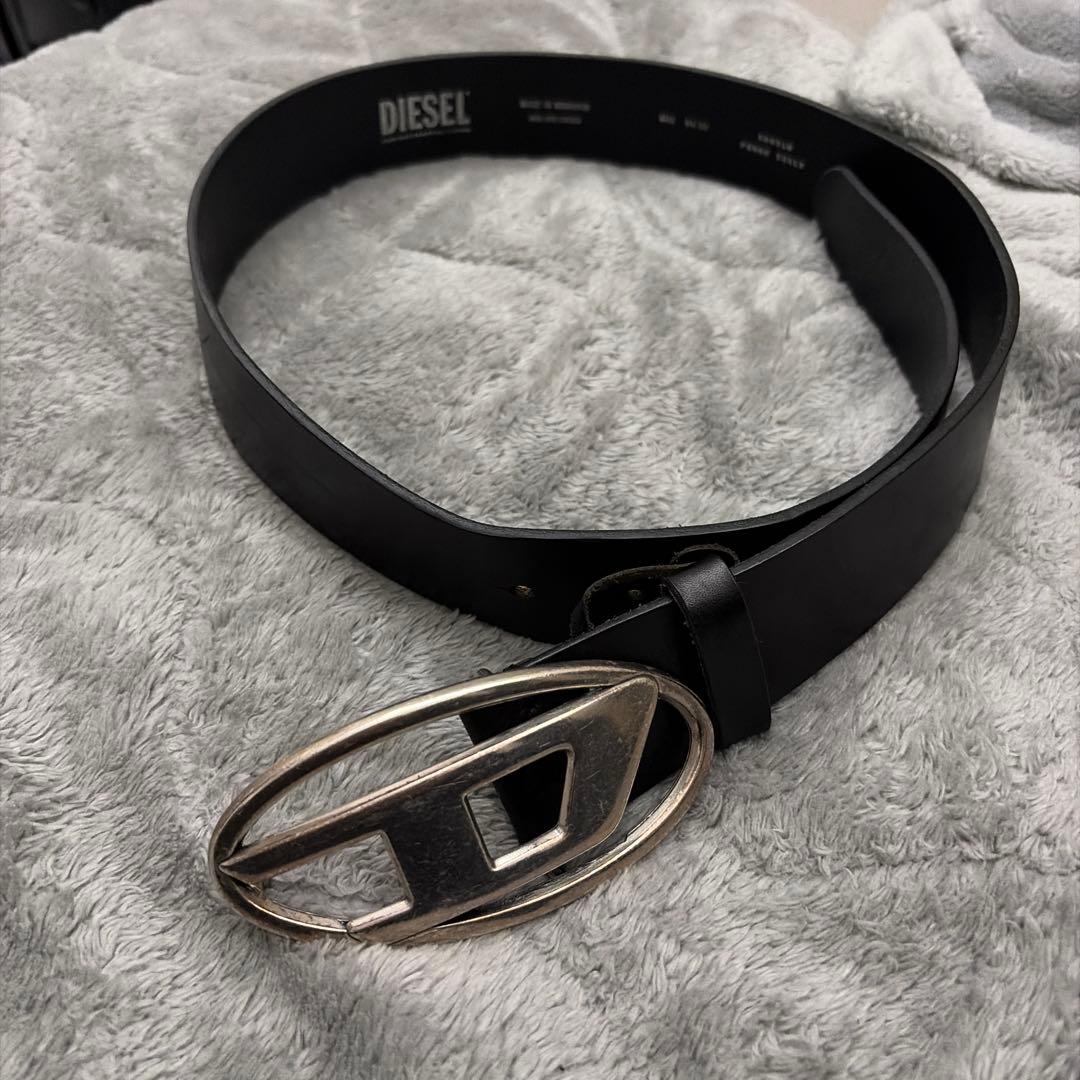 DIESEL ブラックレザーベルト CM 80 DIESEL (ディーゼル) 牛革 オーバルロゴ バックル留め ベルト 75cm