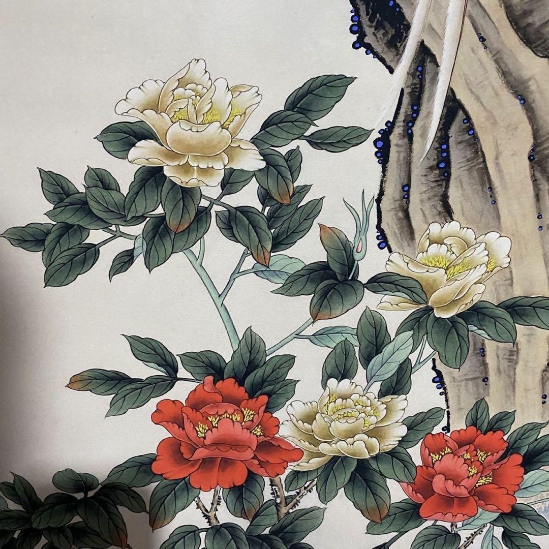 中国画 郎世寧 富貴長寿 掛軸 四尺中堂 証書付き 約200×70cm