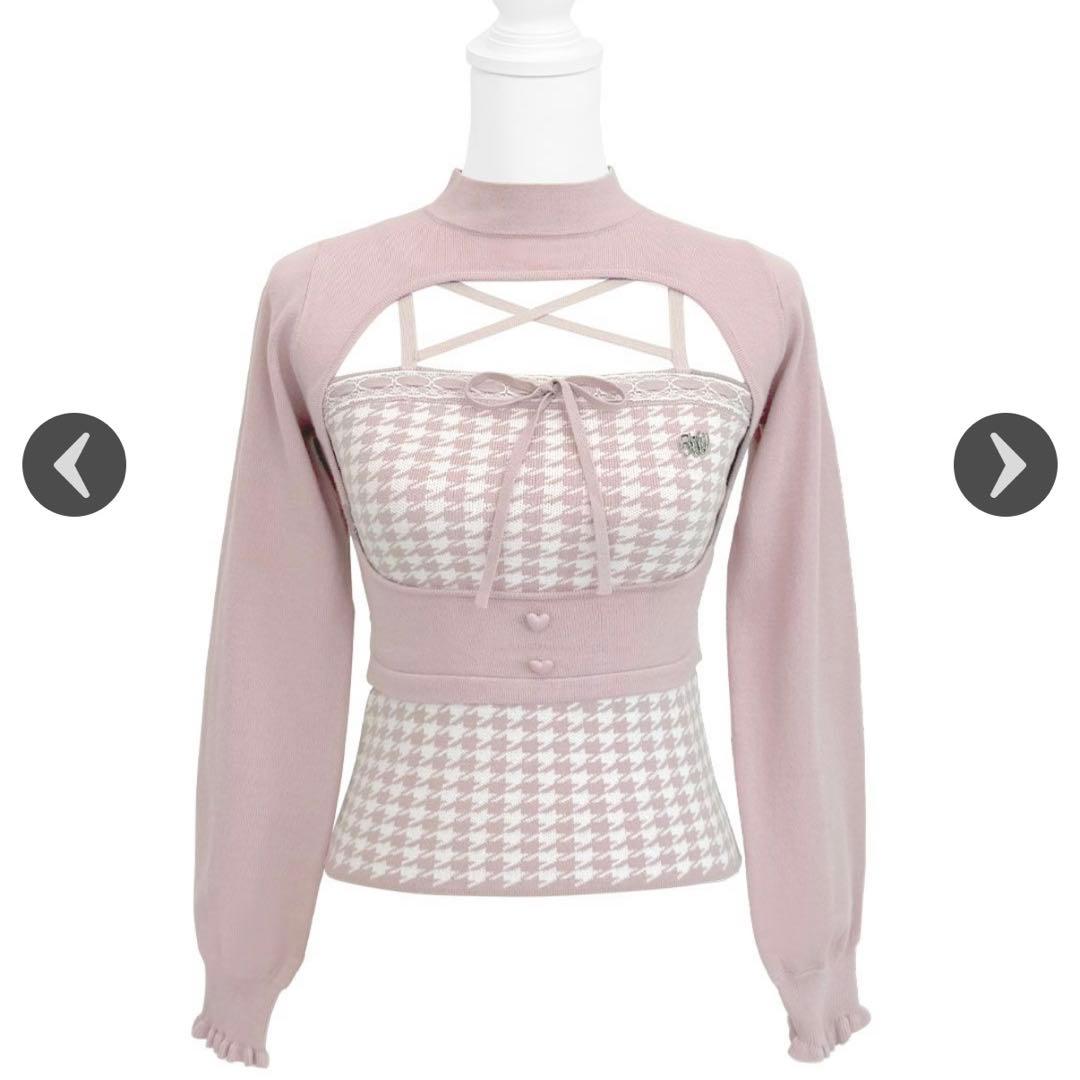 ハニーミュウ 千鳥柄ハイネックアンサンブルトップス （ピンク）｜完売