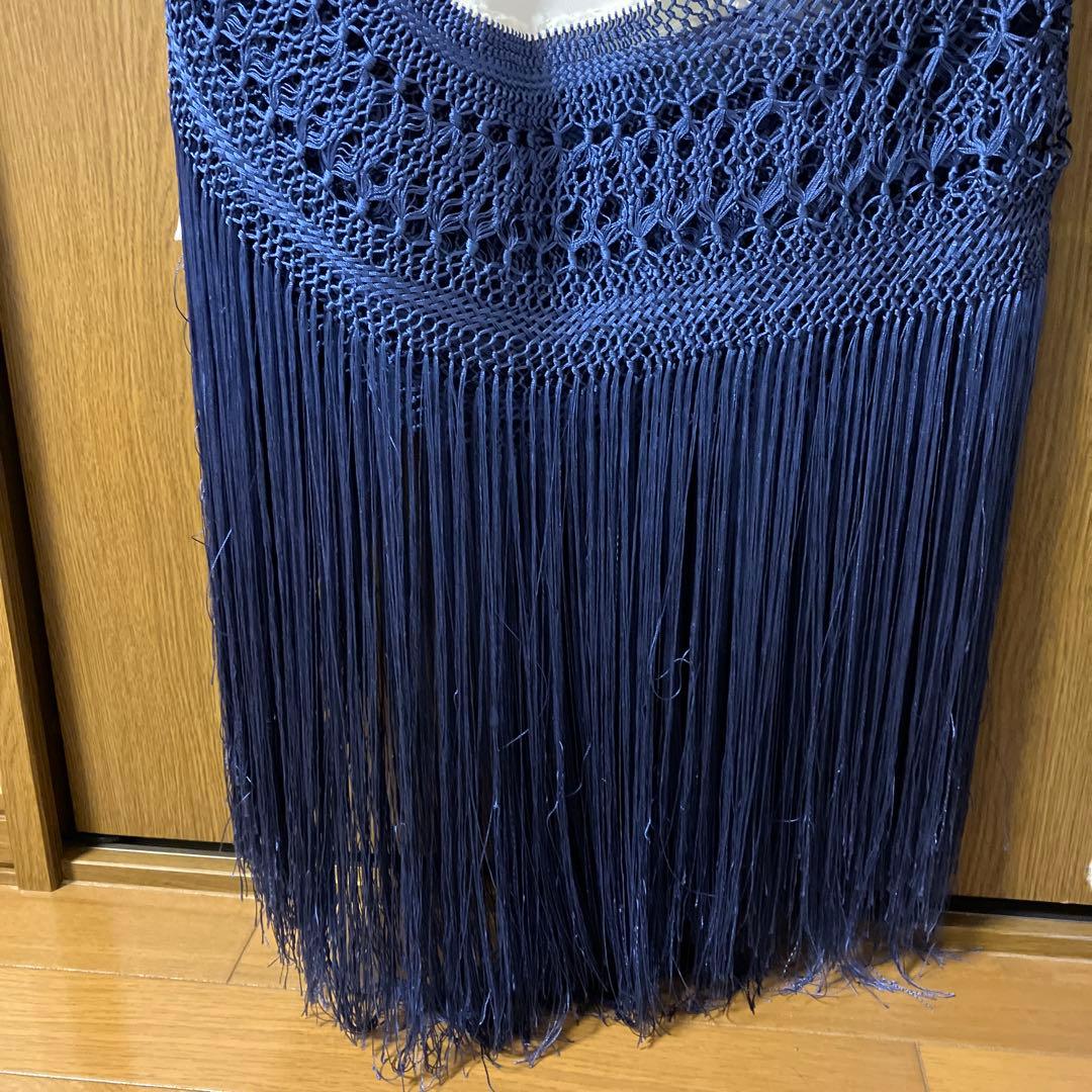 大判マントン白地に紺色の刺繍 MANTON BORDADO フリンジ付き刺繍