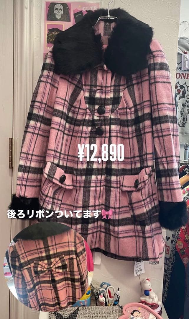 ピンク チェック柄 ロングコート ファー付き y2k ギャル 姫 - メルカリ