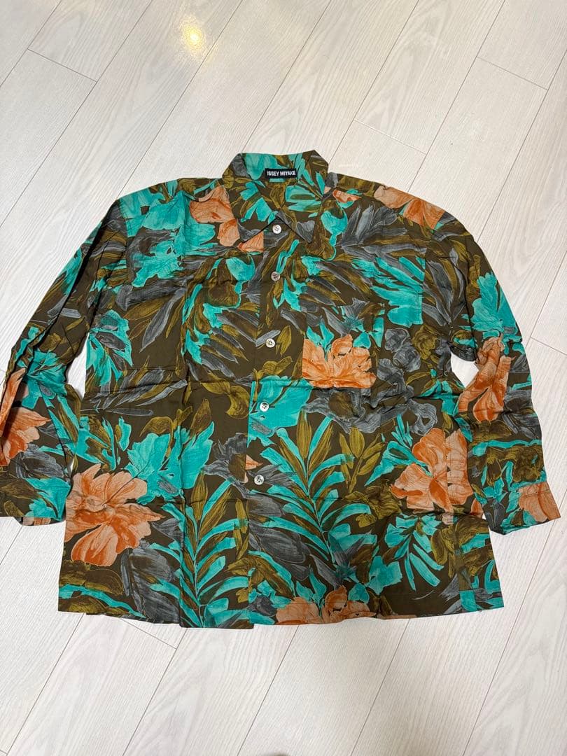 ISSEI MIYAKE花柄シャツ　レーヨン100% M イッセイミヤケISSEY MIYAKE 花柄長袖レーヨンシャツ 青ピンク2 (K-6701)