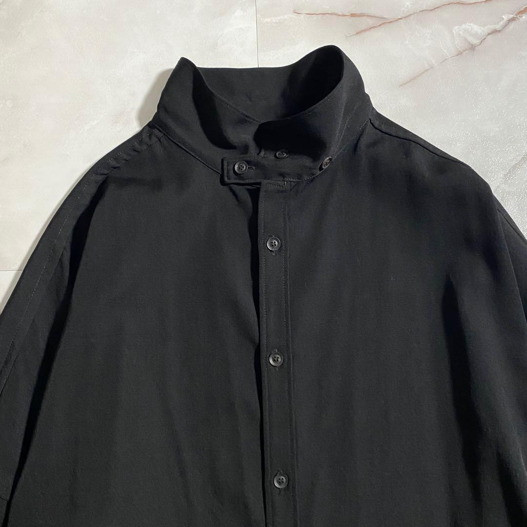 A18463 美品 ヨウジヤマモトプールオム シワギャバ立襟ロングシャツ 黒