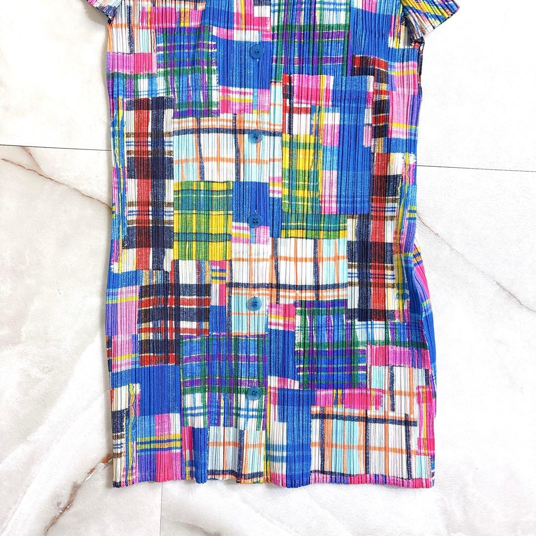 PLEATS PLEASEプリーツプリーズ 総柄 ブラウス ブルー 半袖サイズ3