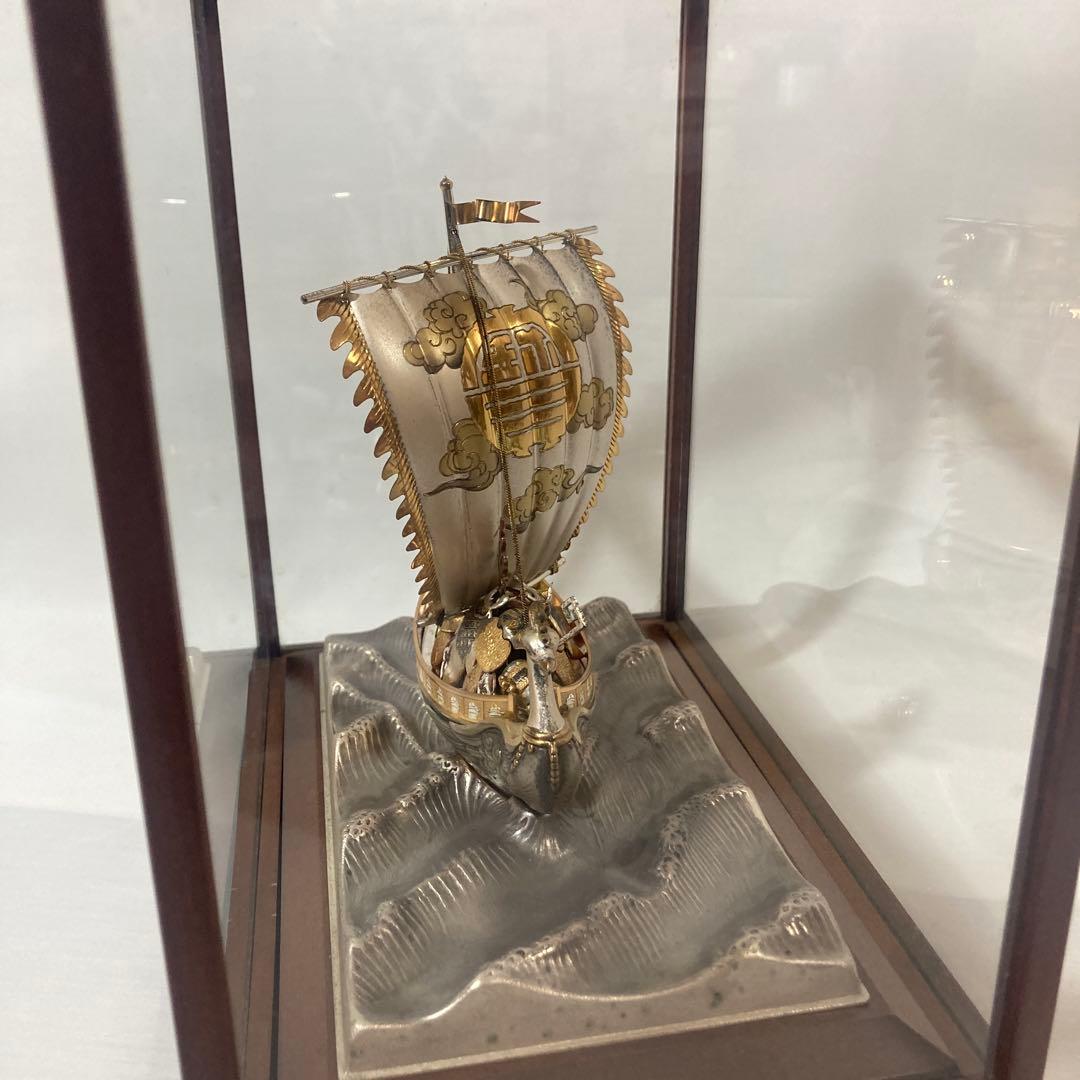 スターリング960製宝船の彫刻 ガラスケース付き関工芸141g 断捨離