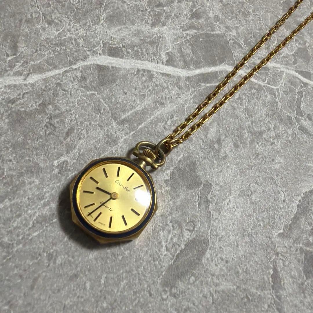 希少品】Chandler チャンドラー 懐中時計 ペンダント 薔薇 ブルー 金