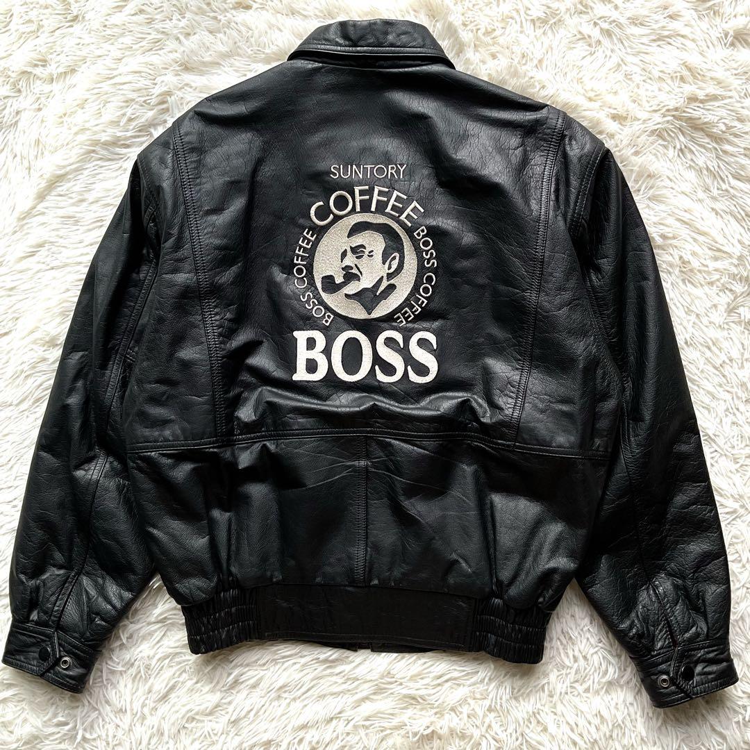 90's✨サントリー　BOSS レザージャケット　牛革　ワッペン　L ブラック 90's✨サントリー BOSS レザージャケット 牛革 ワッペン L ブラック