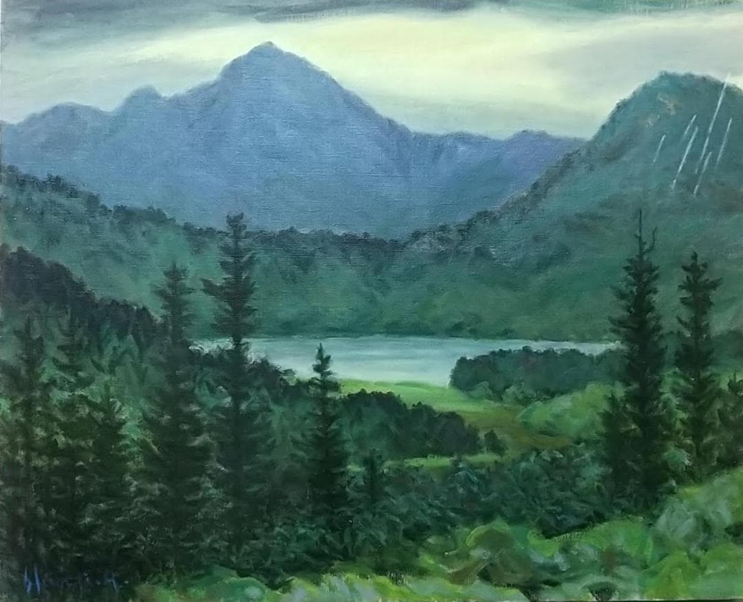 F15「雨の山湖」2002 平成14年 油絵 絵画 小川原脩「洞爺湖風景（北海道）」油絵・F15号 絵画買取・販売の小竹美術