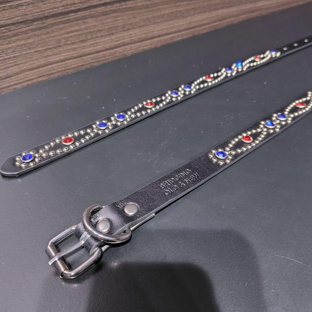 クロス赤青□本革レザーフルスタッズナローベルト☆ヴィンテージ