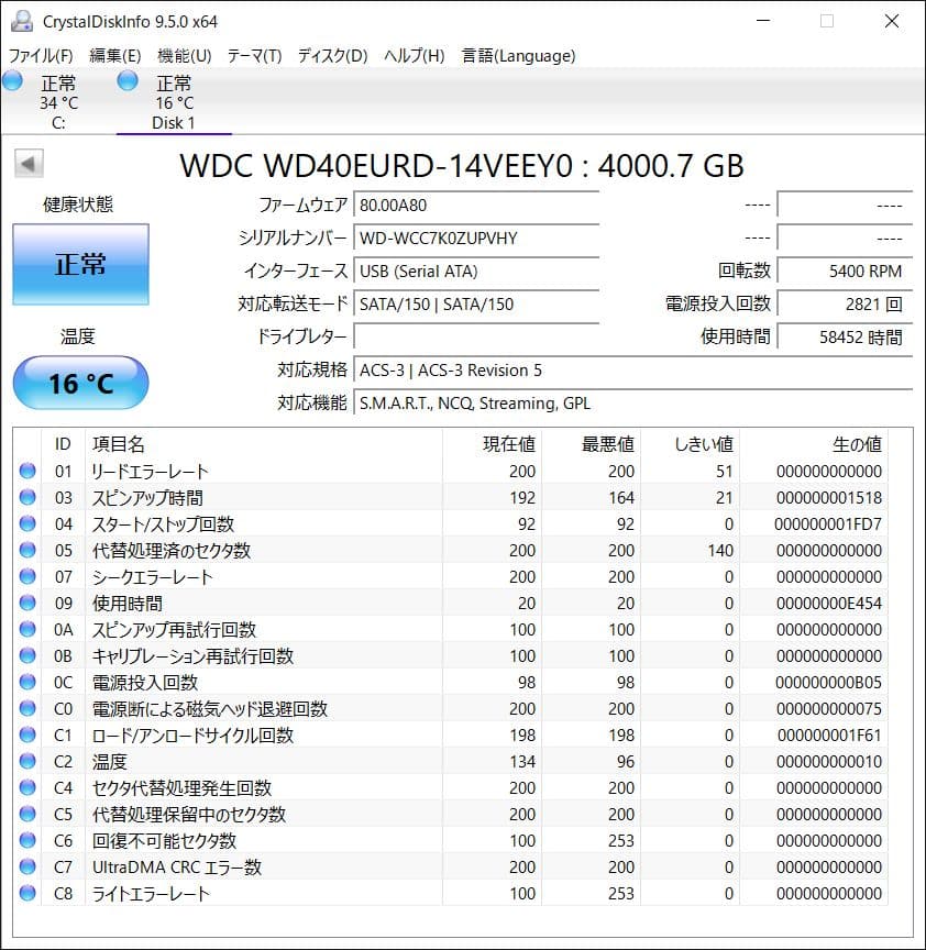 ★中古品★Western Digital WD40EURD 4.0TB HDD