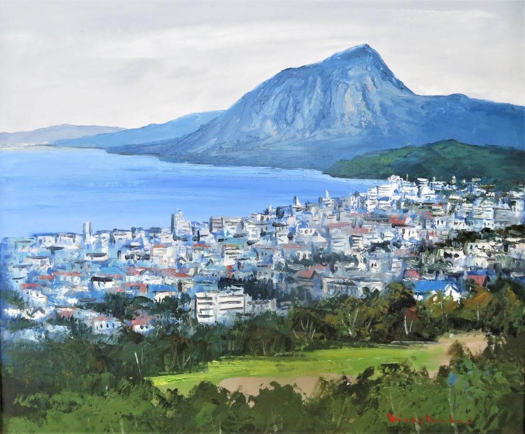 国立秀雄 「別府湾」 油彩F10号 大分県、別府湾と高崎山の情景