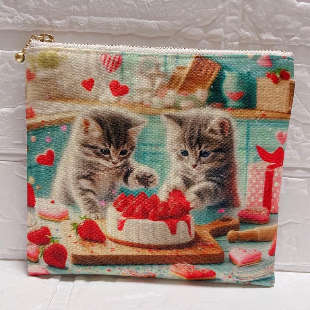 フラットポーチ ハンドメイド 猫ちゃんポーチ お菓子作り④ 両面パネル