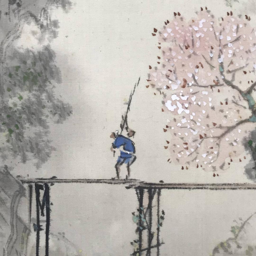 【真作】露月/春景深渓図/春景山水人物図/掛軸☆宝船☆AB-517