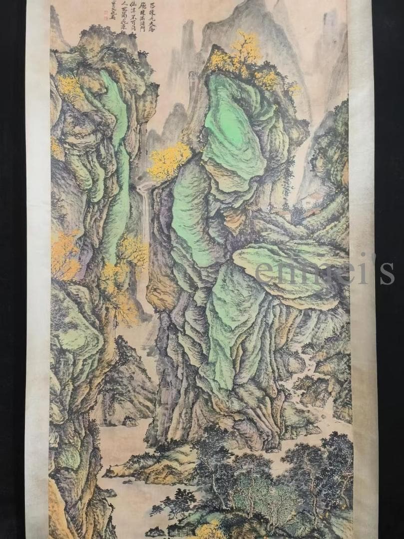 中国古美術 明代 仇英作款 山水風景 宣紙 水墨画 六尺中堂画 掛け軸