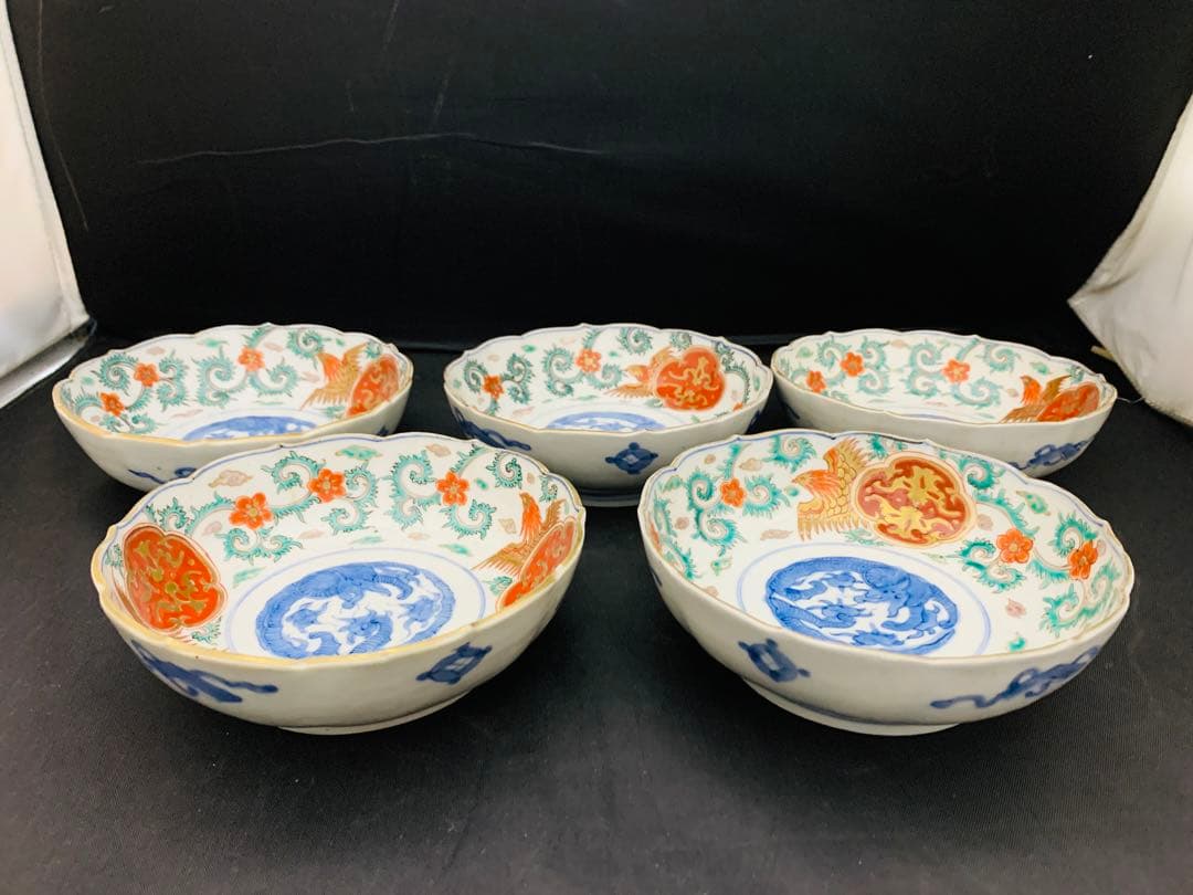 錦手金彩色絵　花唐草　龍　鳳凰　なます皿　5客　伊万里　時代皿 古伊万里 金襴手 窓絵鳳凰に花図 4寸皿